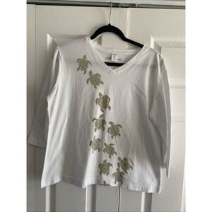 Marushka Womens Large White Cotton Hand Printed Turtle Tee